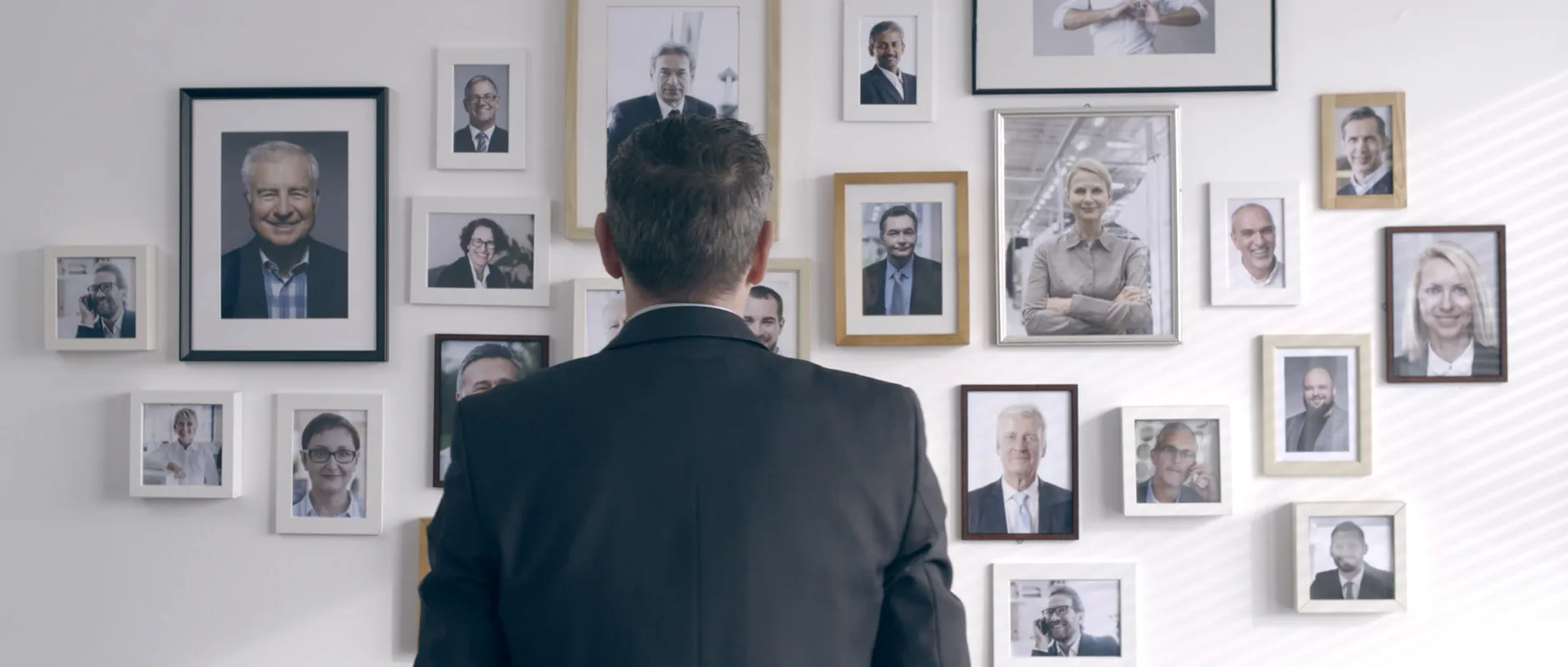 Ein Mann in einem Anzug von hinten betrachtet eine Wand mit mehreren gerahmten Porträtfotos von unterschiedlichen Menschen.