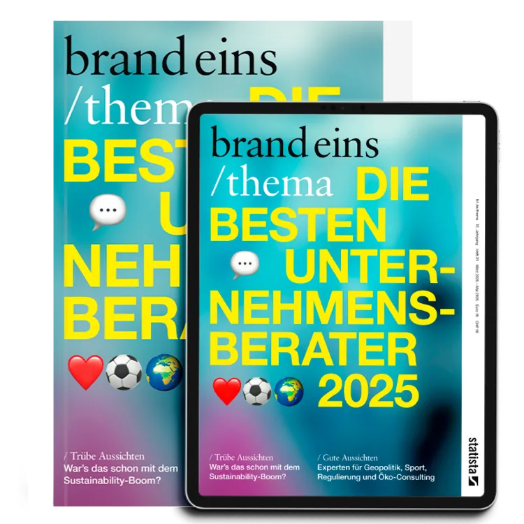 Cover der brandeins Zeitschrift mit dem Thema Die besten Unternehmensberater 2025 in gelbem Text auf blauem Hintergrund, mit Herz-, Fußball- und Globus-Emojis.