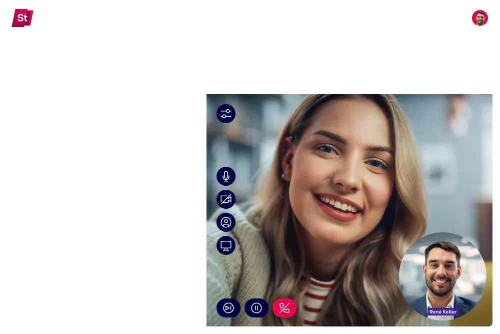 Dynamic Stage Client mit Videocall-Ansicht zweier Personen und Kontaktinformationen