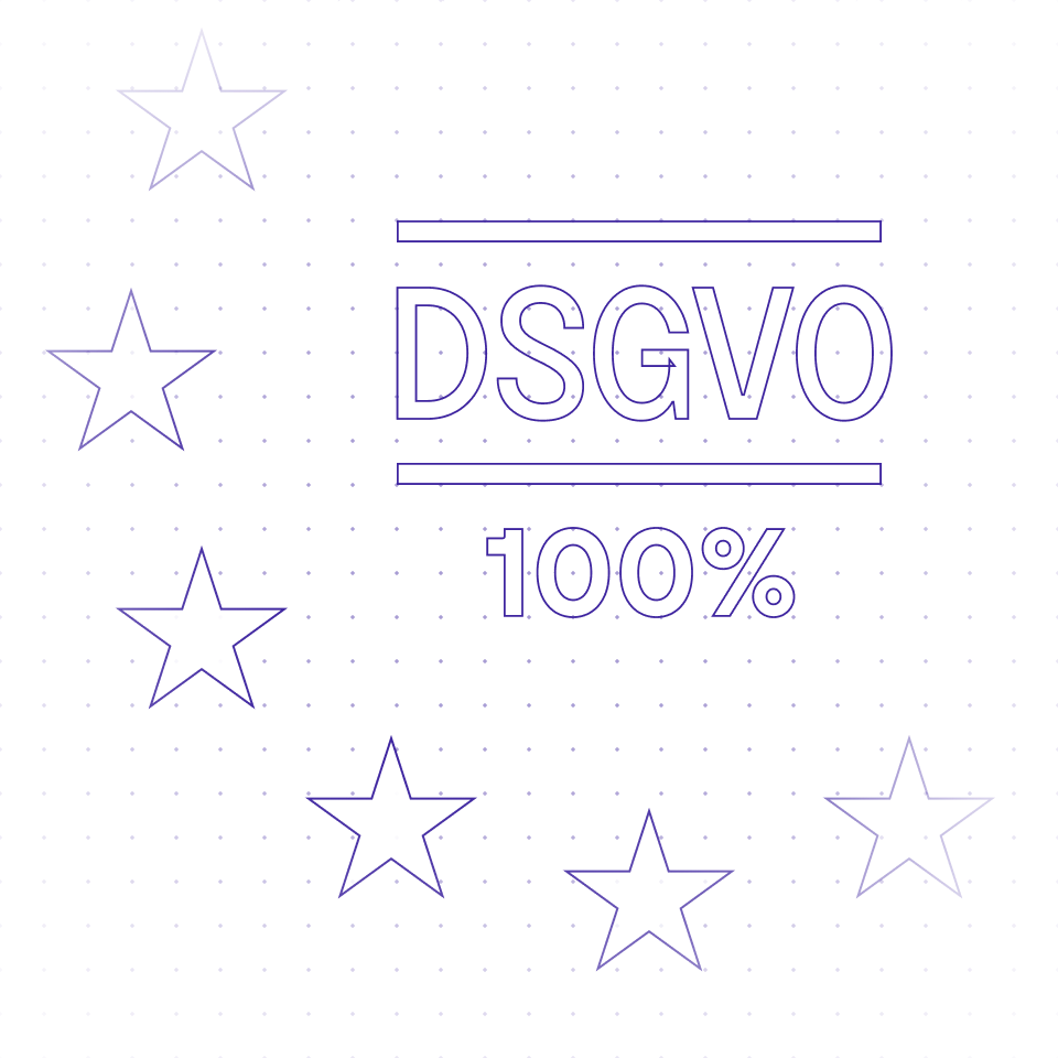 Grafik mit Schriftzug „DSGVO 100 %“ und Stern-Symbolen