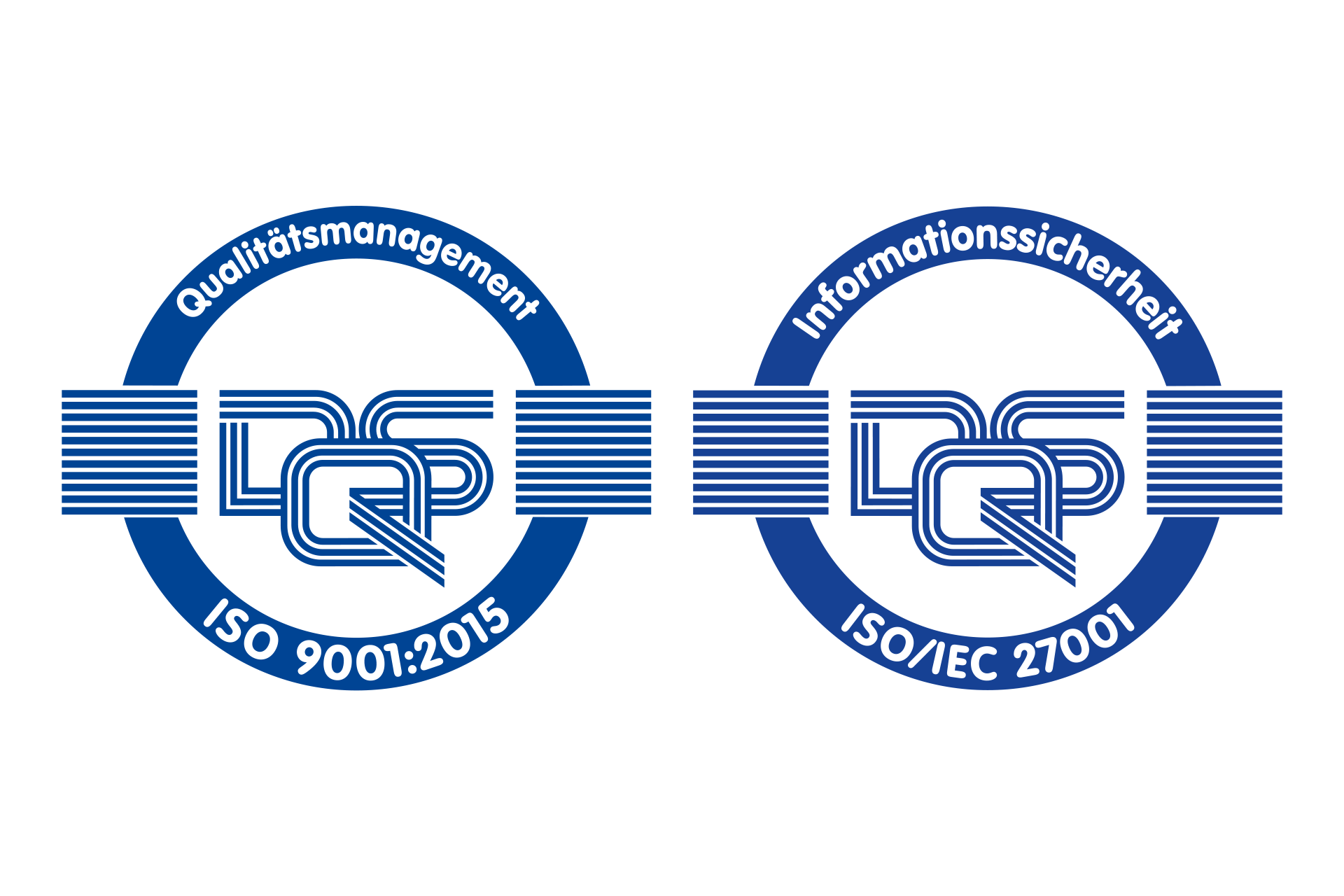 Zwei Zertifizierungslogos: links Qualitätsmanagement ISO 9001:2015, rechts Informationssicherheit ISO/IEC 27001, beide mit blauem Runddesign und stilisiertem Text LQP.