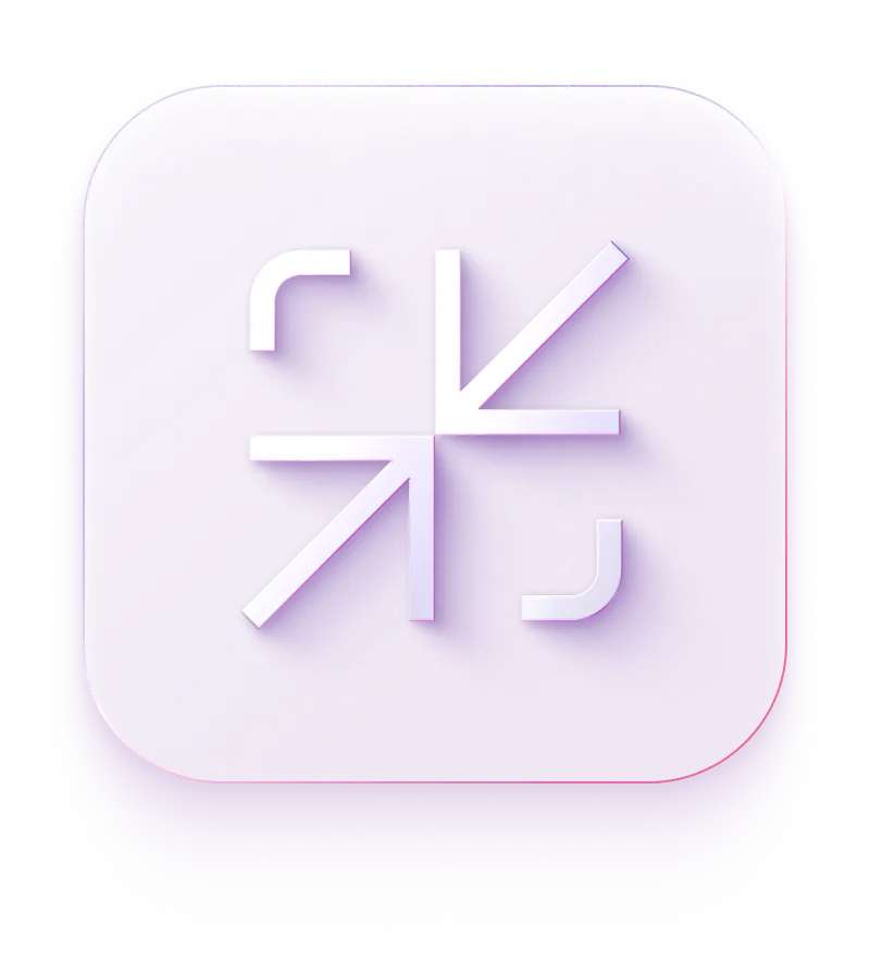Symbol mit vier Pfeilen, die zur Mitte eines abgerundeten Quadrats in Lila-Tönen zeigen.