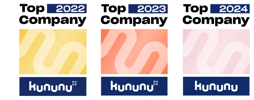 Kununu Auszeichnungen als Top Unternehmen 2022, 2023 und 2024 mit jeweils unterschiedlichem farbigem Hintergrund.