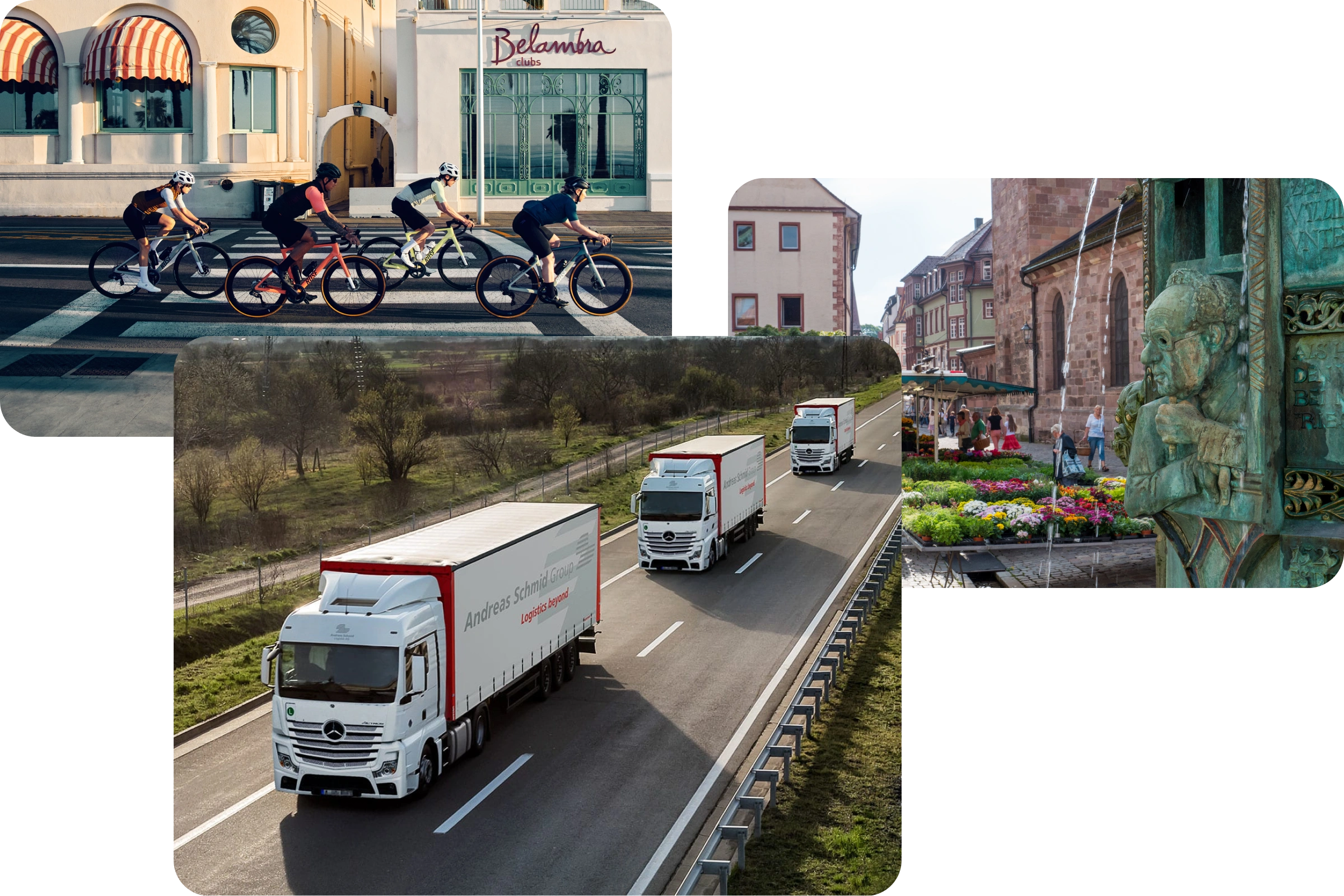 Photo collage featuring cyclists in the city, a convoy of trucks on the highway, and a bustling market square with a fountain and flowers