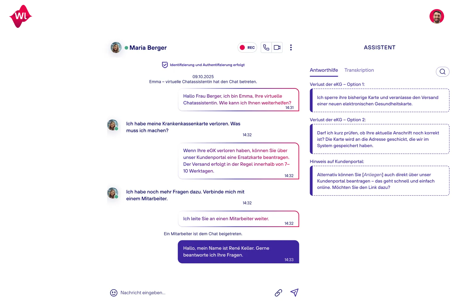 Dynamic Workload-Client mit Chatverlauf, virtueller Assistenz und Antwortvorschlägen für Servicefälle