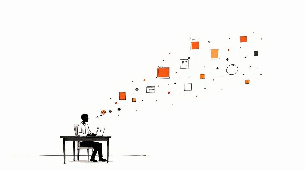 An illustration of a person focused on a laptop, with digital information flowing away.