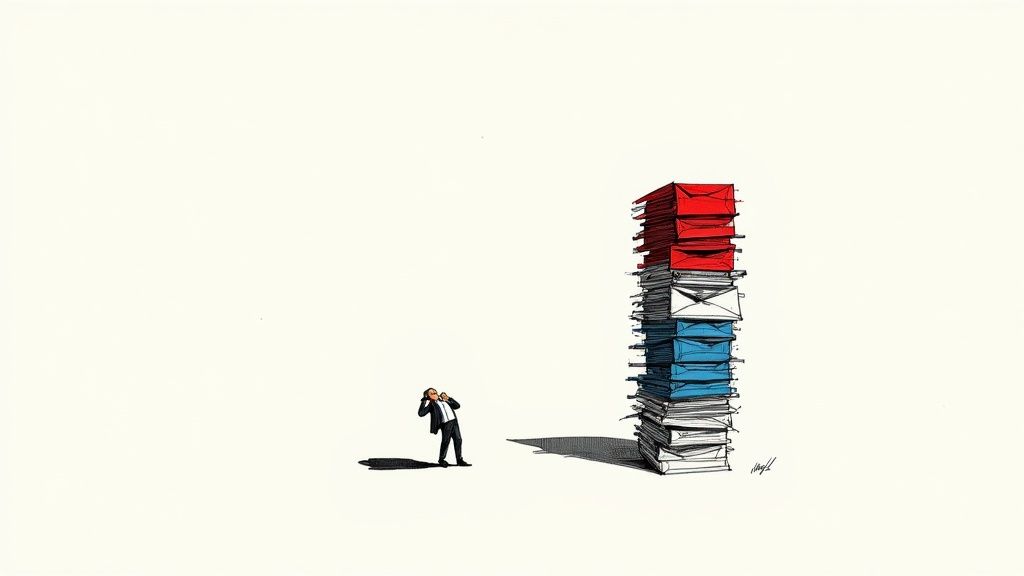 A person looking stressed while sitting in front of a laptop with a crowded inbox.