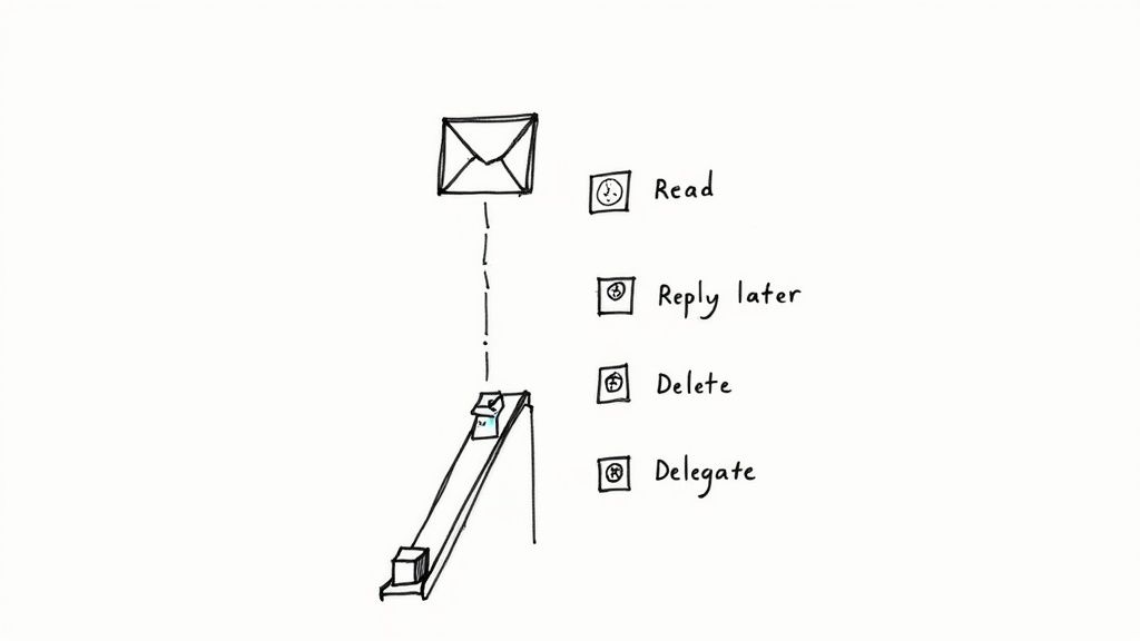 A person calmly sitting at a desk with a neatly organized digital workspace, symbolizing control over email.