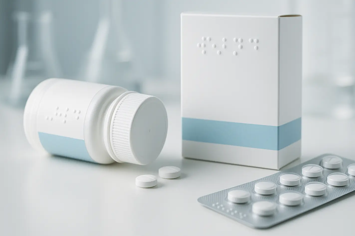 Close-up of unlabeled pharmaceutical packaging showcasing usability features in a clean setting.
