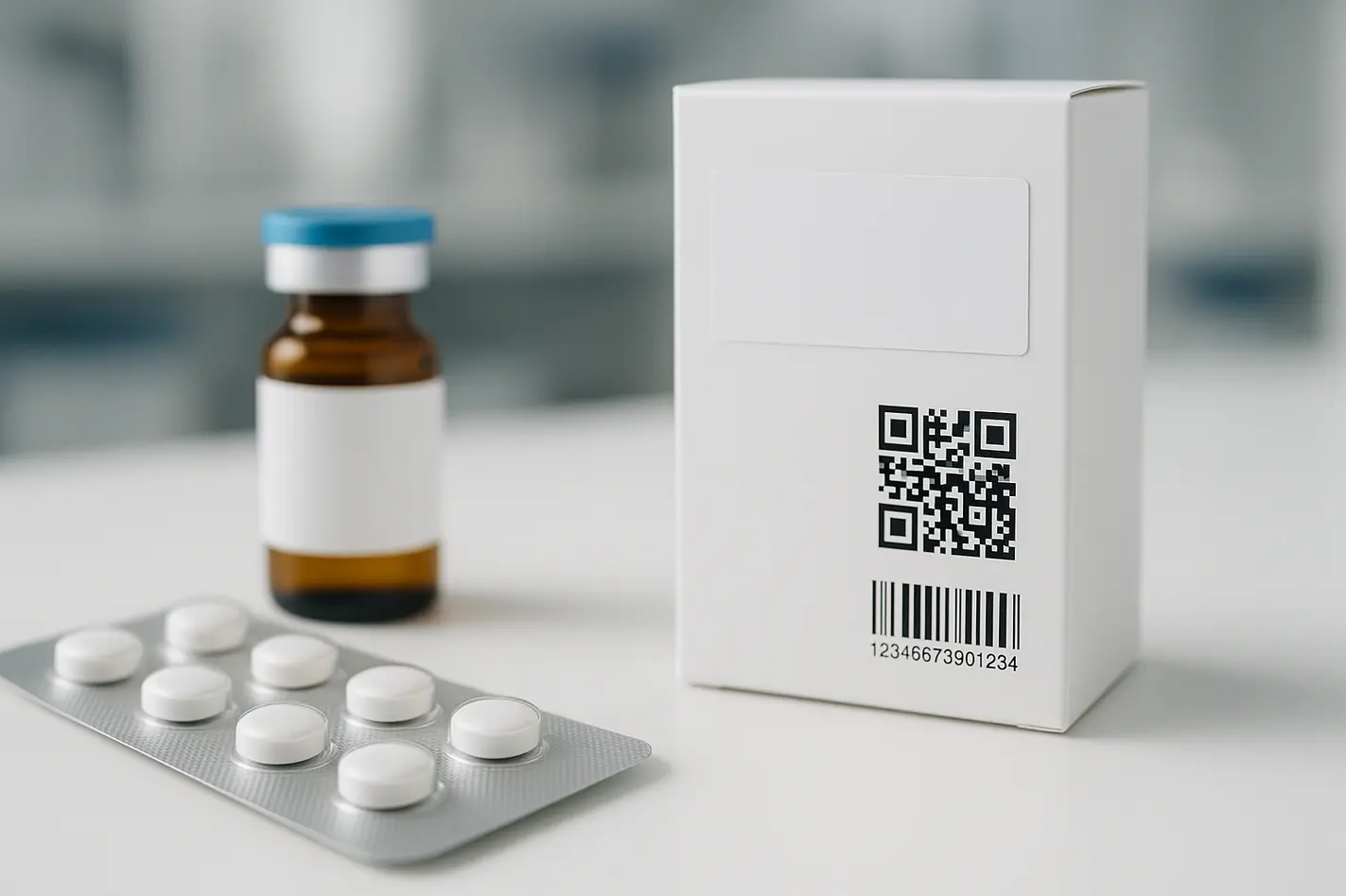 "Photorealistic lab scene featuring various unbranded pharmaceutical packaging components."