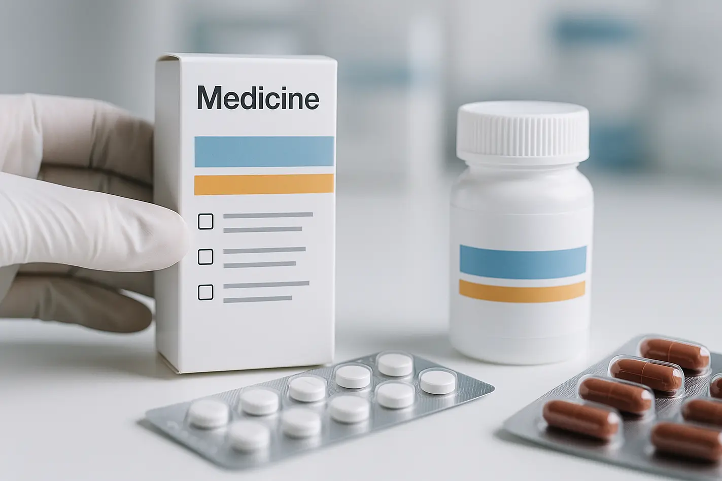 Close-up of unbranded pharmaceutical packaging in a clean lab, highlighting usability features.