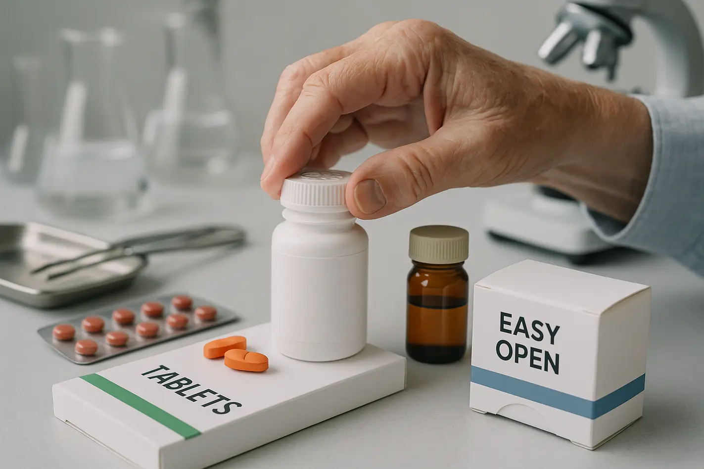 A detailed scene showcasing elderly-friendly medicine closures in a lab setting, emphasizing safety.