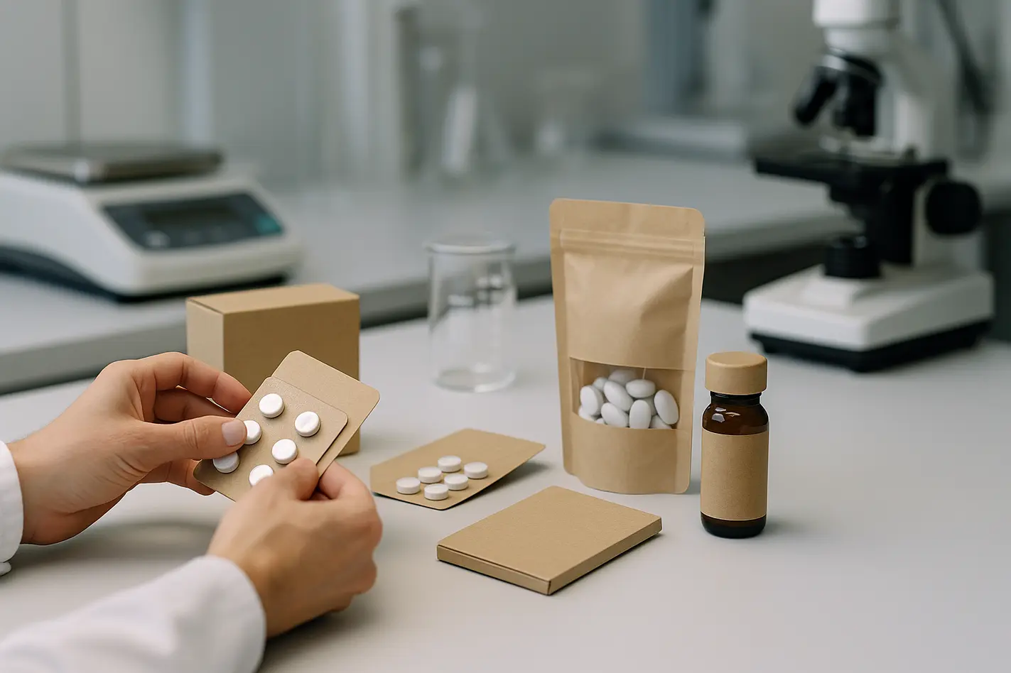 Modern lab showcasing eco-friendly medicine packaging materials and innovative designs.