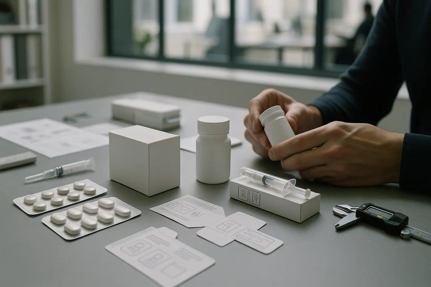"Modern pharmaceutical packaging design studio showcasing user-centric sample designs."
