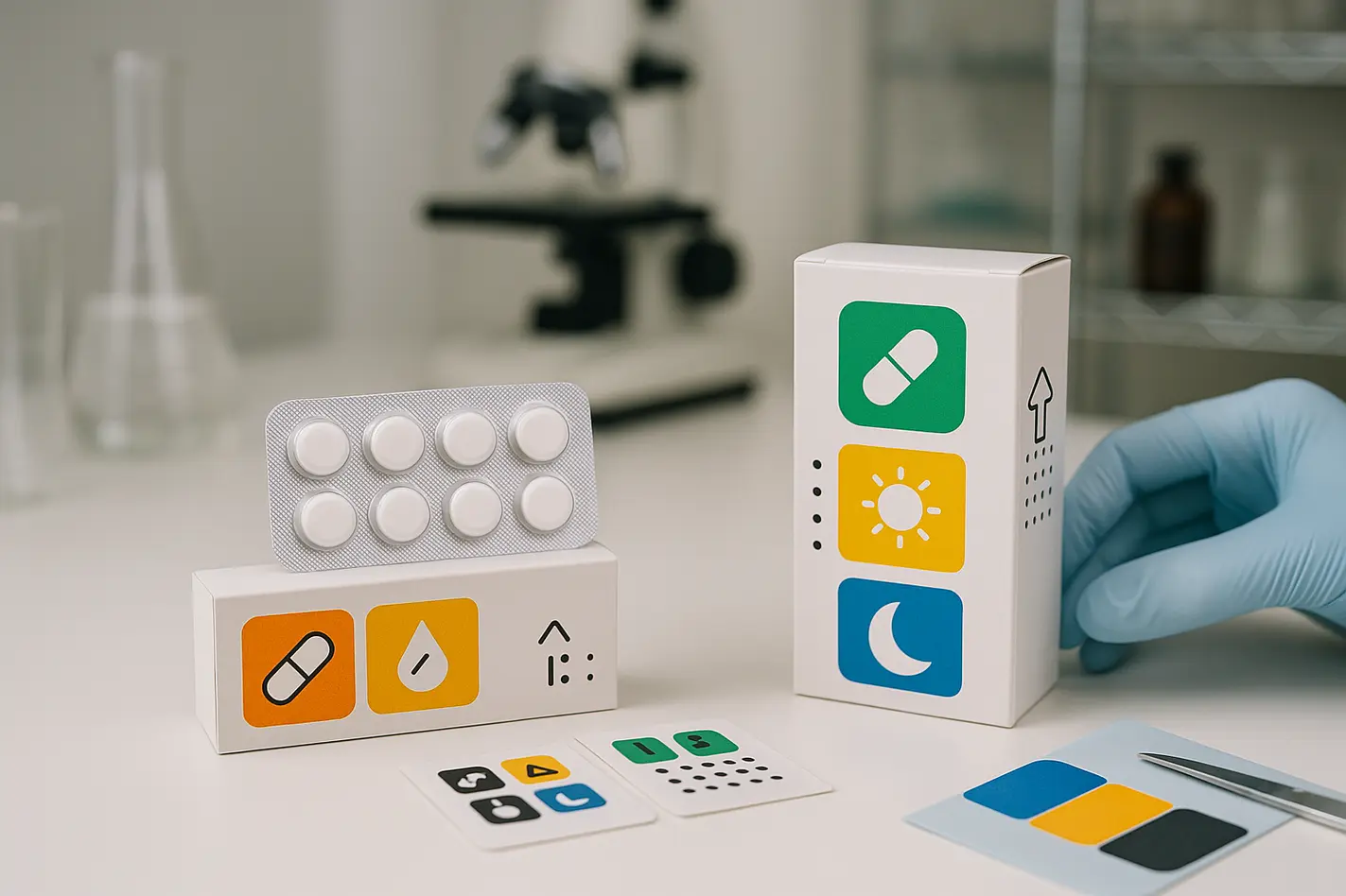 A clean workspace showcasing colorblind-friendly medicine packaging and design tools.