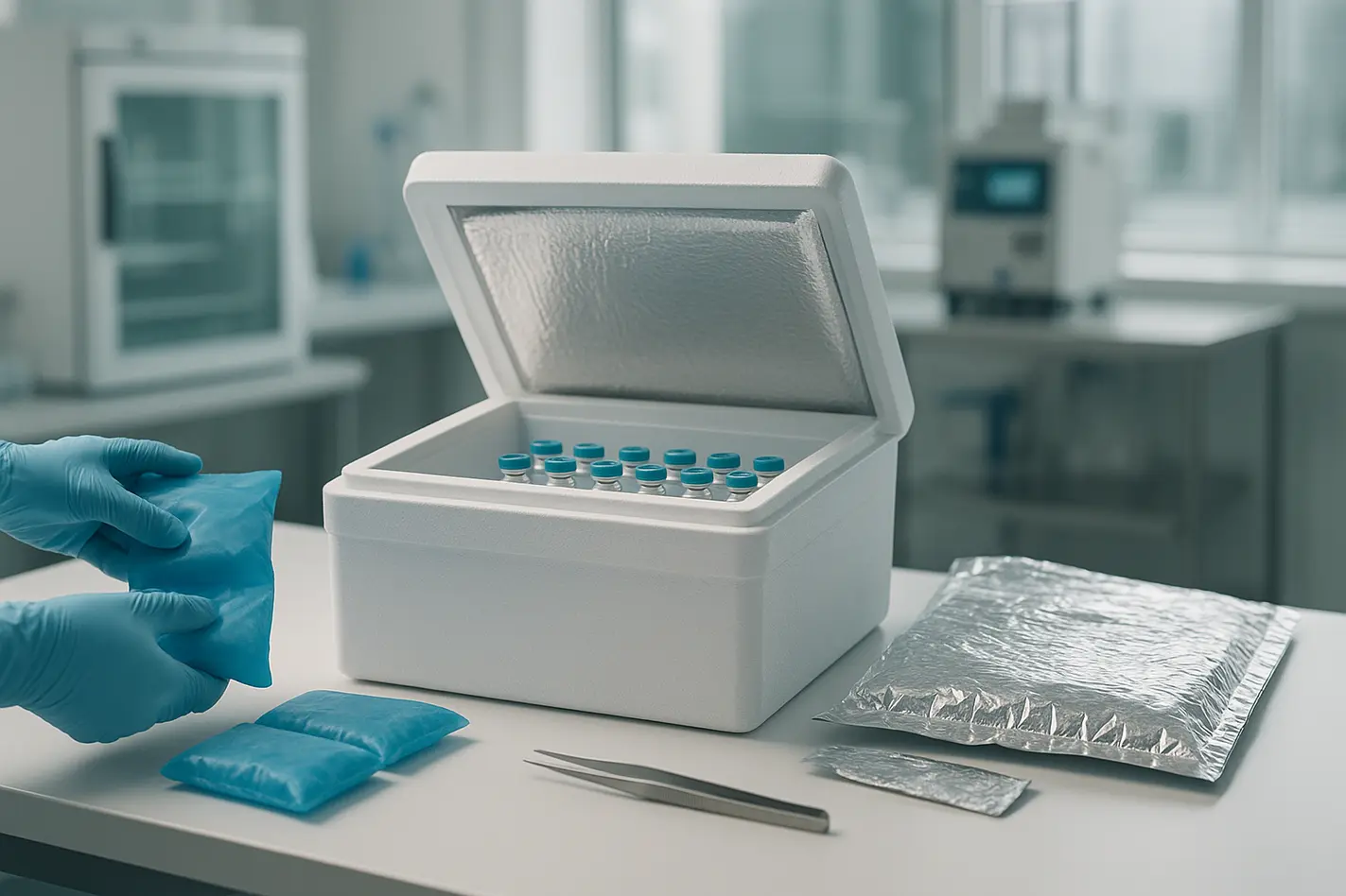 A modern lab showcasing an open insulated shipping box with neatly organized medical vials inside.