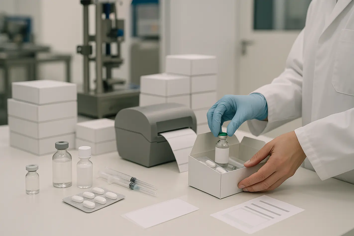 A sterile lab workspace with clinical packaging, labels, and organized materials for safety.