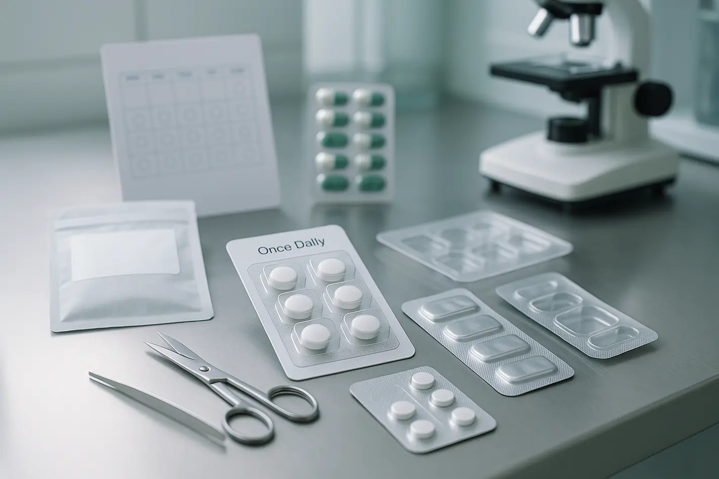 A pristine workspace showcasing organized blister packaging materials in a pharmaceutical lab.