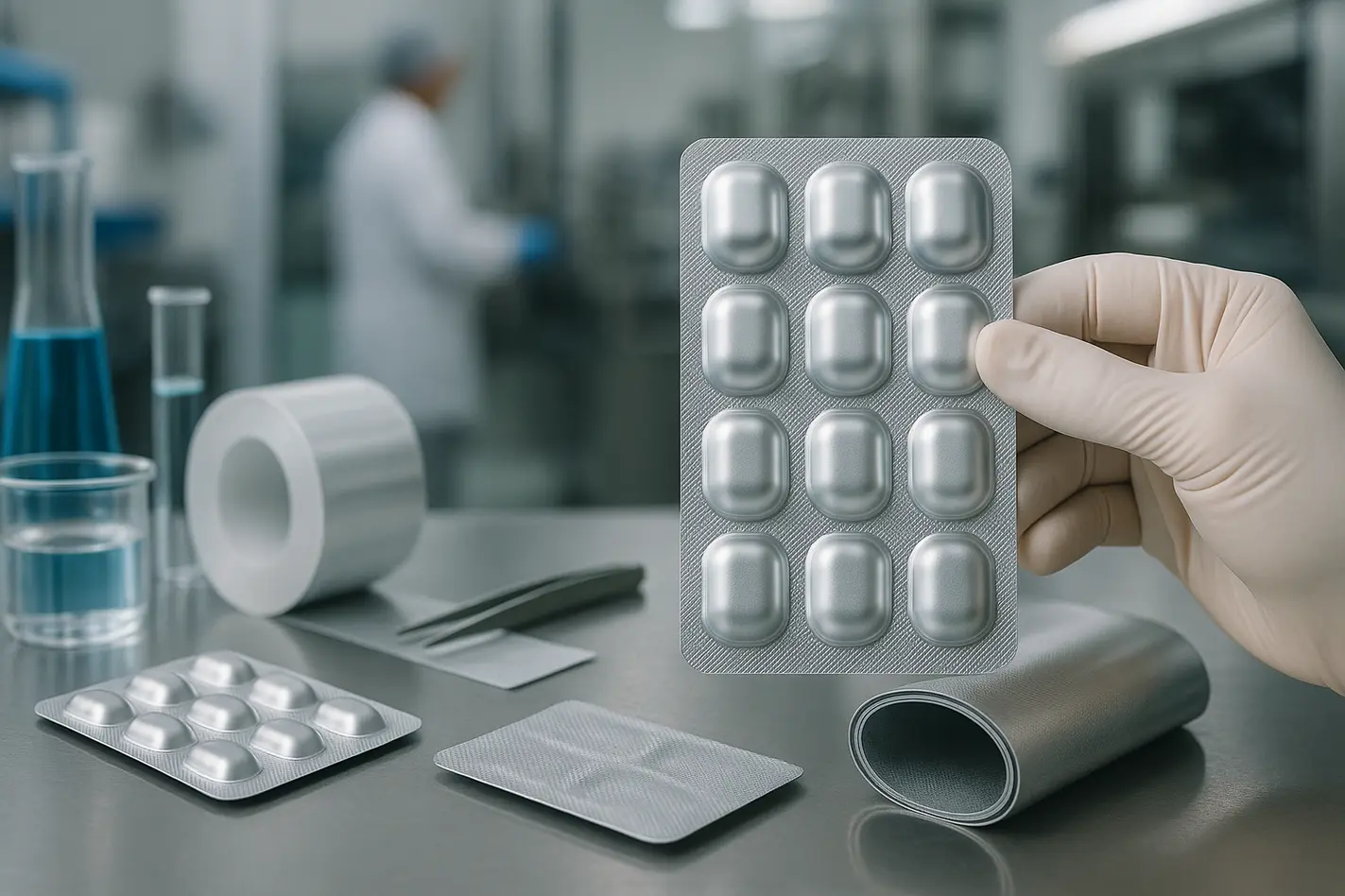 Professional photo showcasing realistic blister packs, lab tools, and sterile settings in pharma.