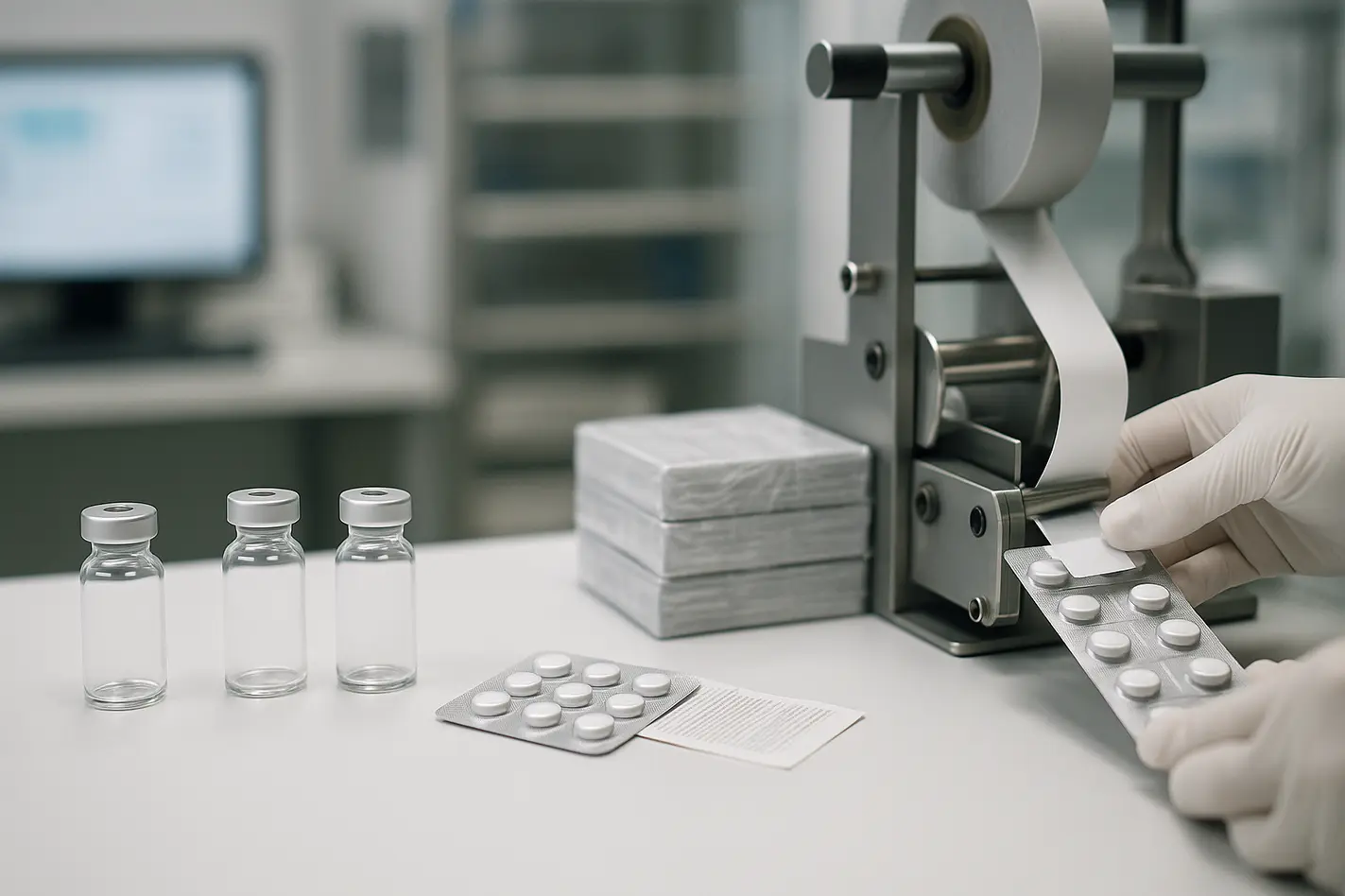 A sterile workspace showcases pharmaceutical packaging with glass vials, labeling, and organized materials.