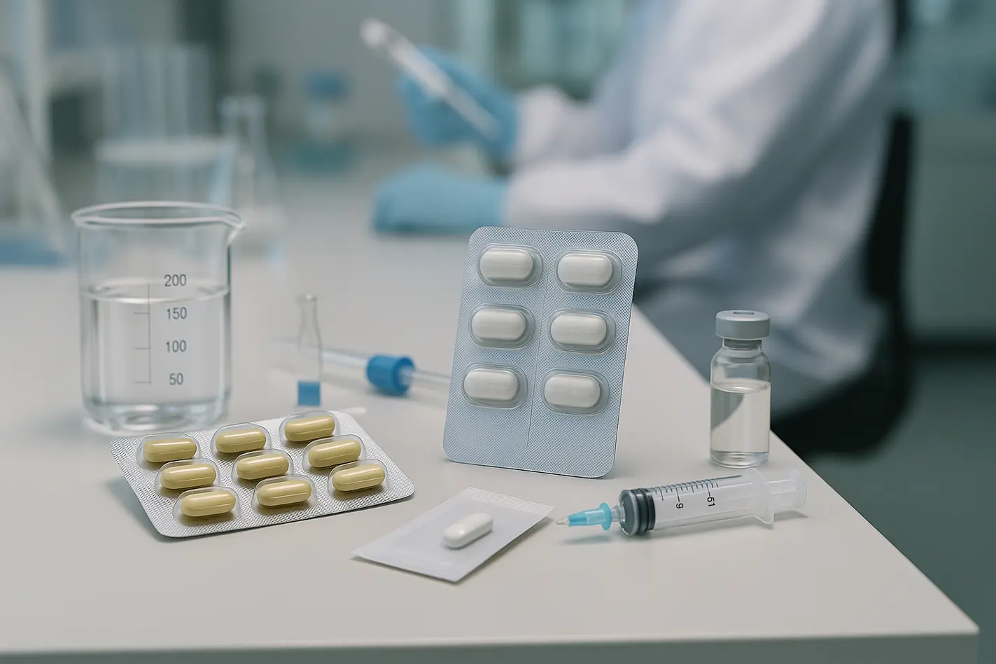 Professional lab scene showcasing realistic unit dose packaging and pharmaceutical tools.