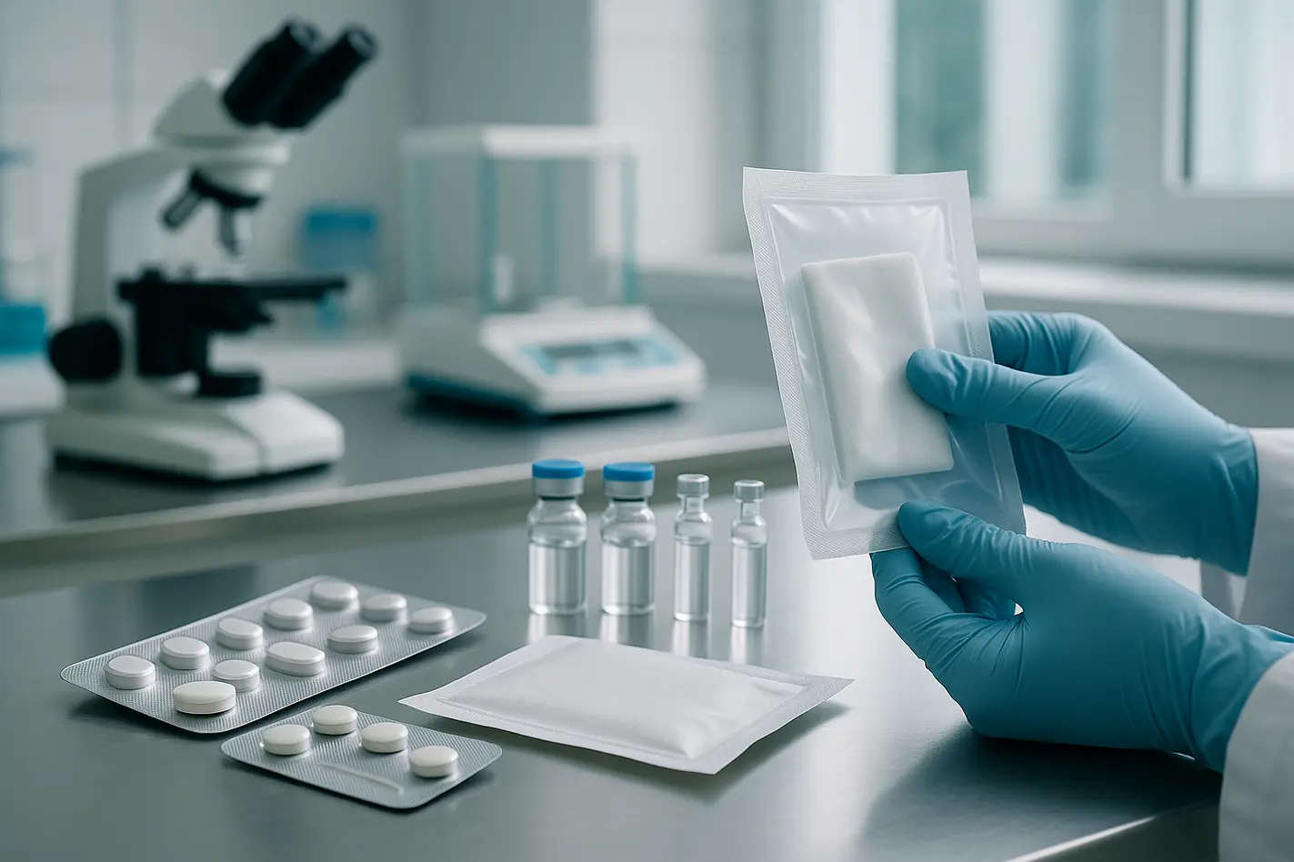 A sterile lab scene showcasing various medical packaging, emphasizing safety and innovation.