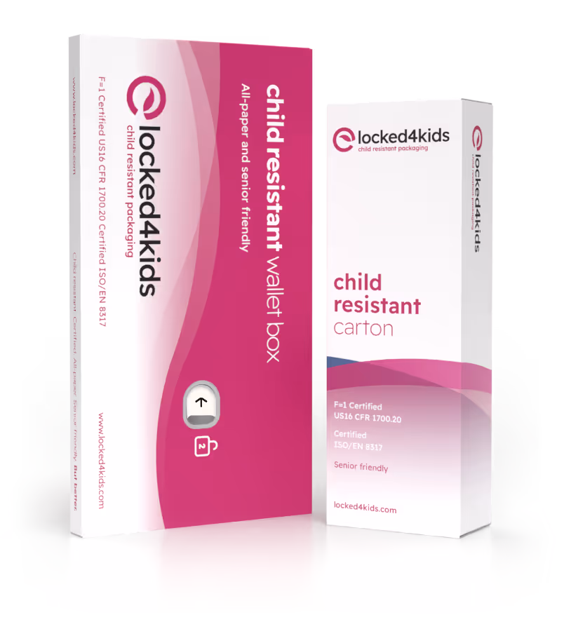Locked4Kids child-resistant medical packaging: wallet box and carton
