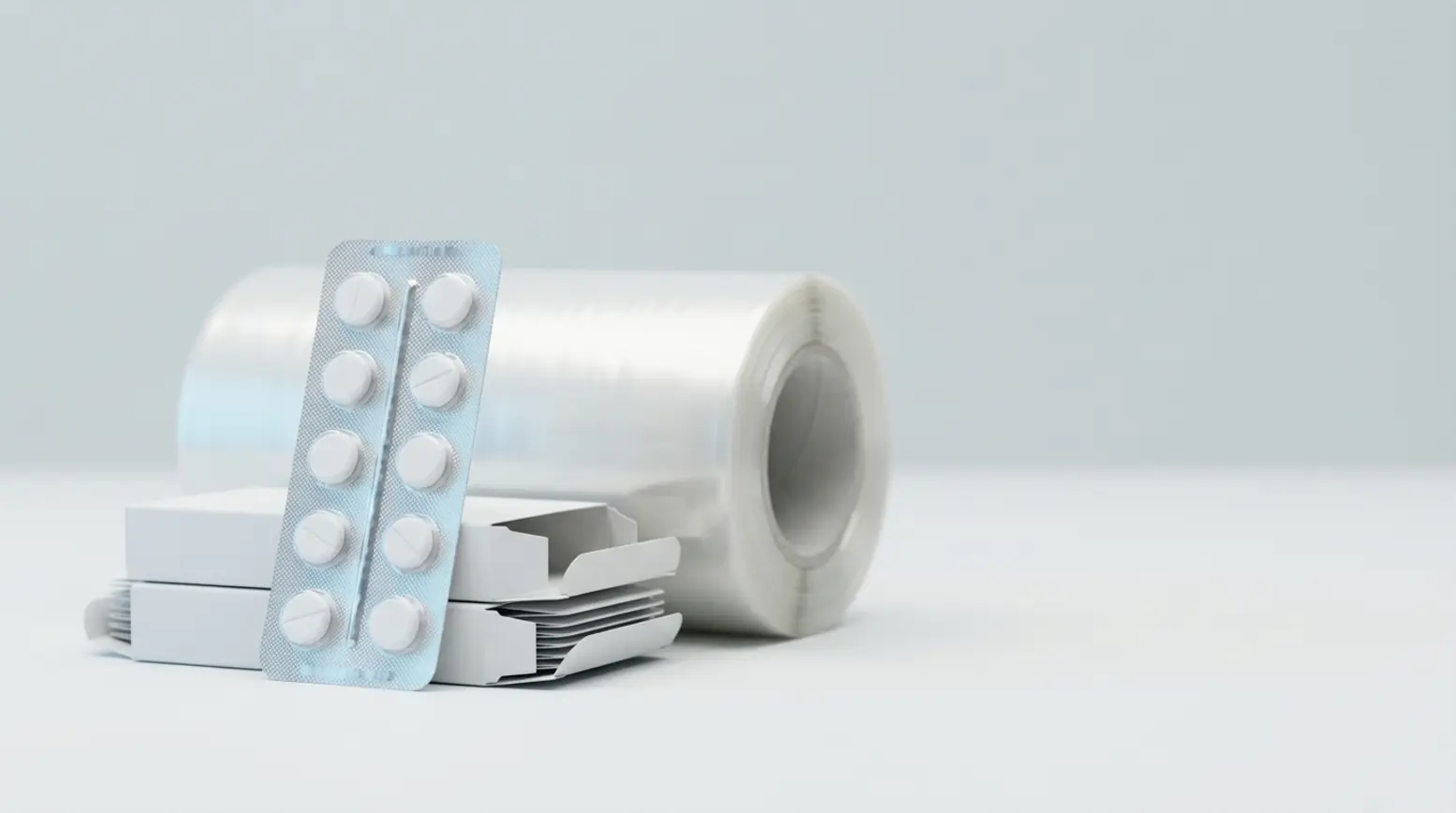 Ultra-wide shot of blister packaging with white tablets, cartons, and film on a clean surface.