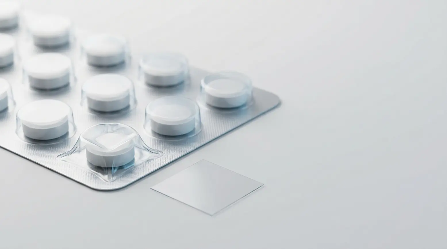 Ultra-wide shot of a pharmaceutical blister pack with white tablets on a grey background.