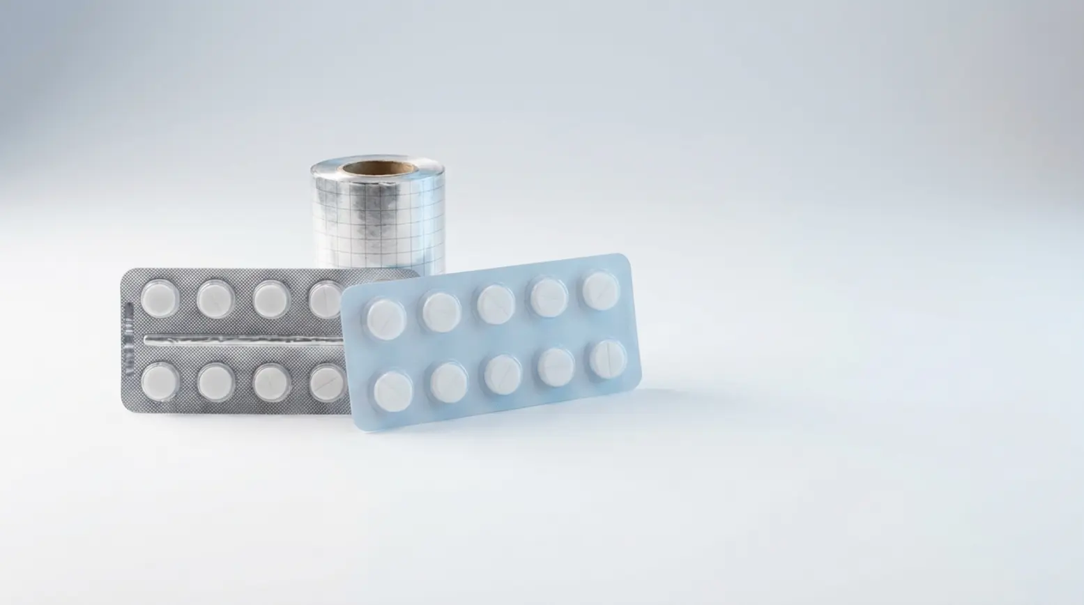 Two pharmaceutical blister packs showcasing a packaging change, with clean studio lighting.