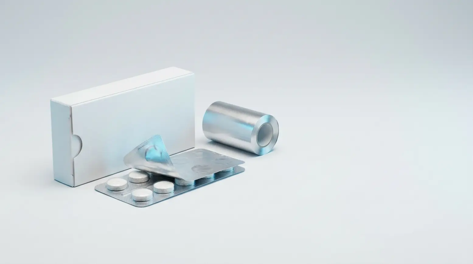 A clean pharmaceutical packaging setup with a white carton, silver blister pack, and tablets.