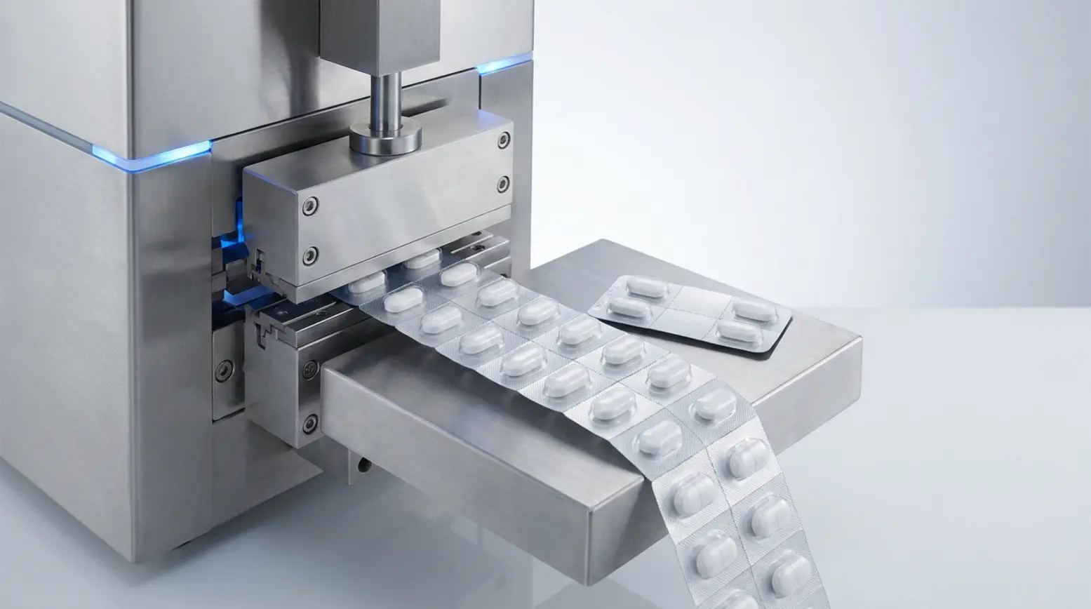 A detailed shot of a pharmaceutical blister packaging line with white tablets and machinery.