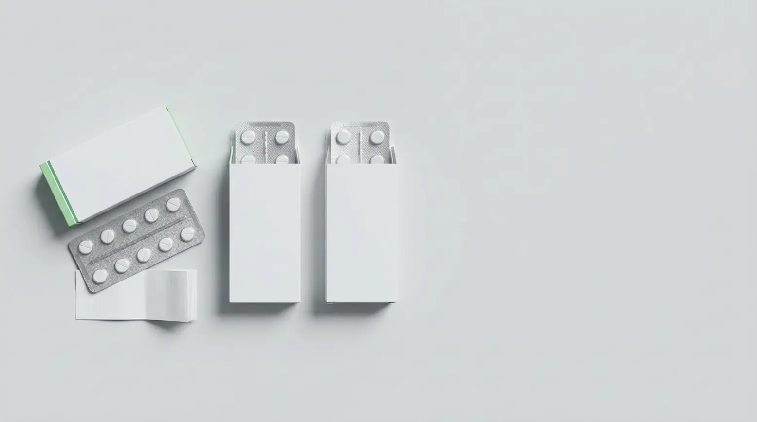 Editorial pharma packaging comparison on light grey, showcasing coordinated unbranded sets.