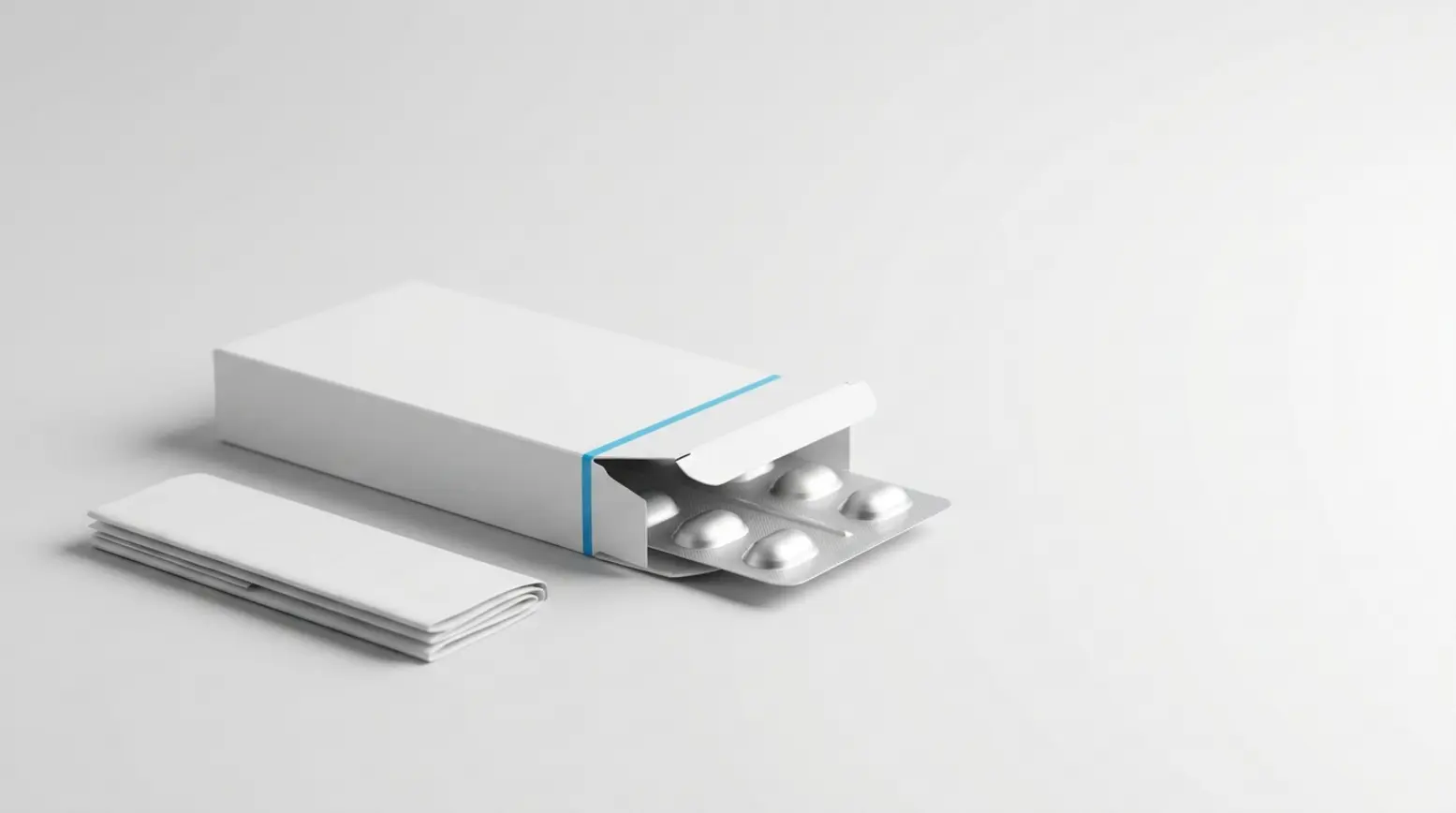 A pristine unbranded pharmaceutical carton with tablets and a leaflet, styled for a premium magazine.