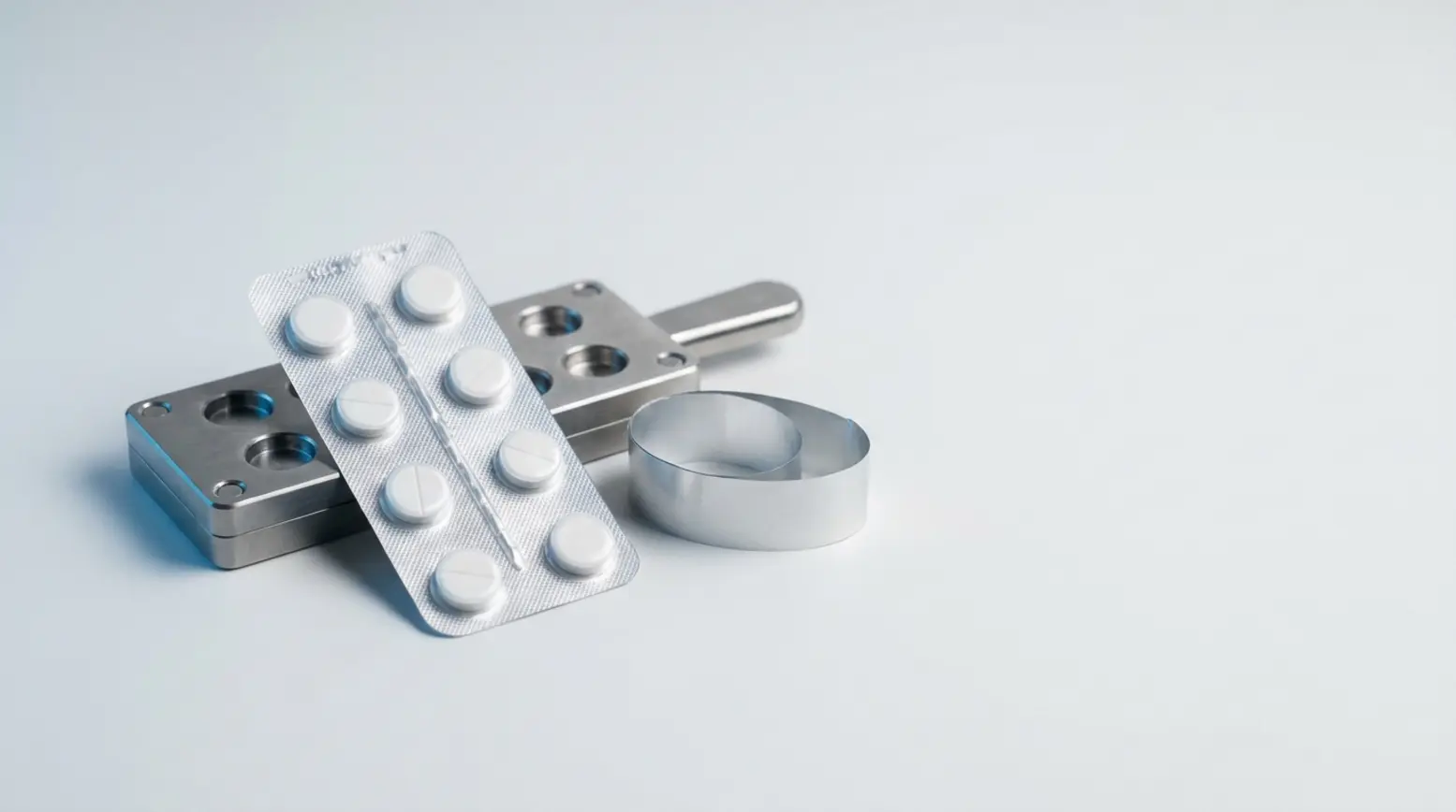 Pristine blister pack with white tablets next to a stainless-steel tool on a clean backdrop.