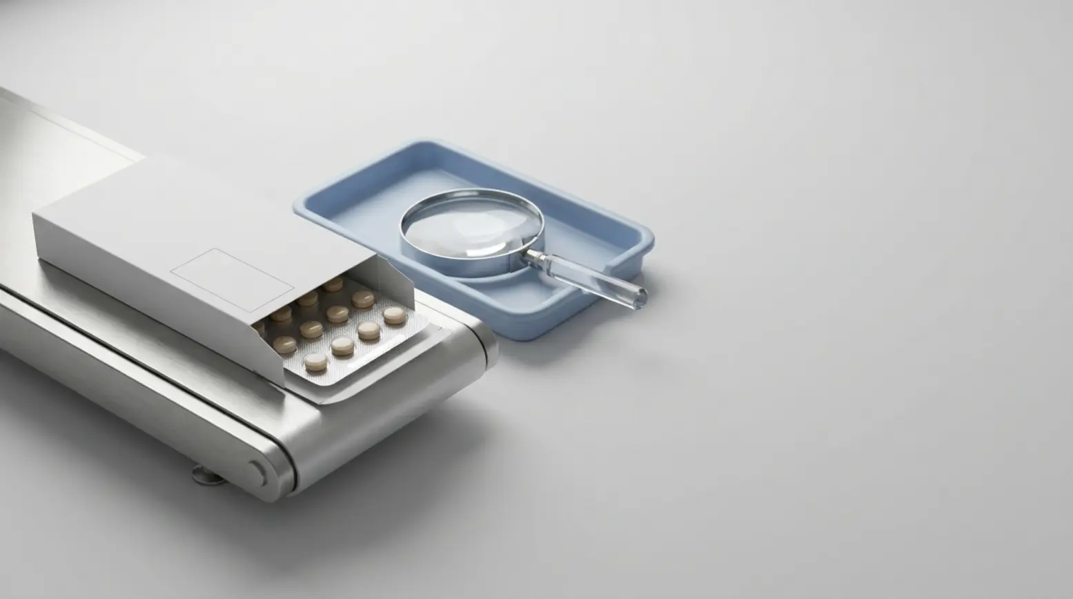 A pristine pharmaceutical carton on a conveyor, showcasing tablets and a magnifier in a studio setting.