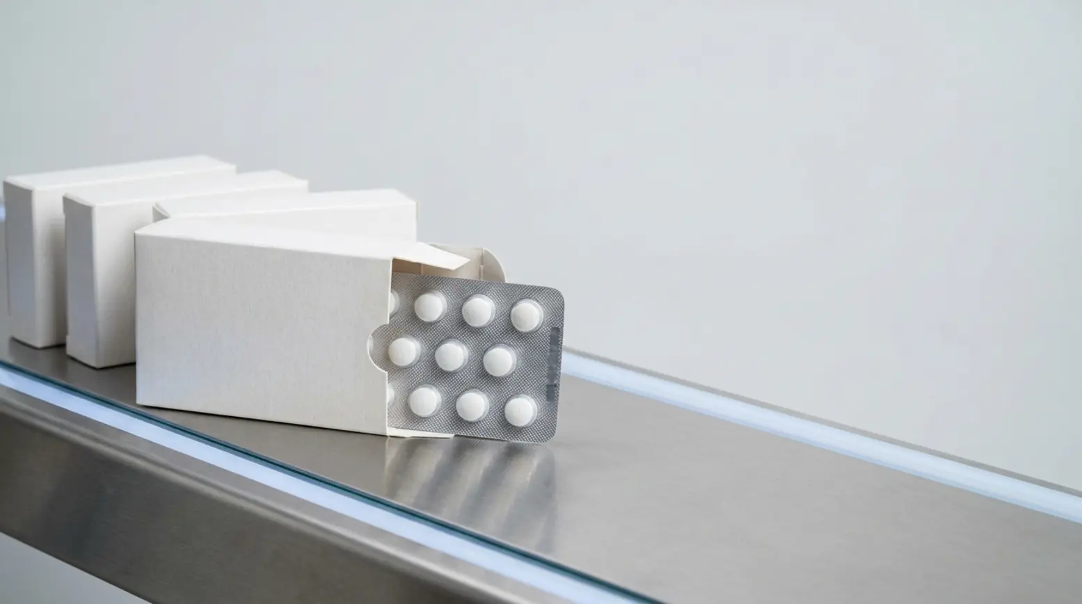 A pristine arrangement of white pharma cartons on a conveyor, showcasing contract packaging.