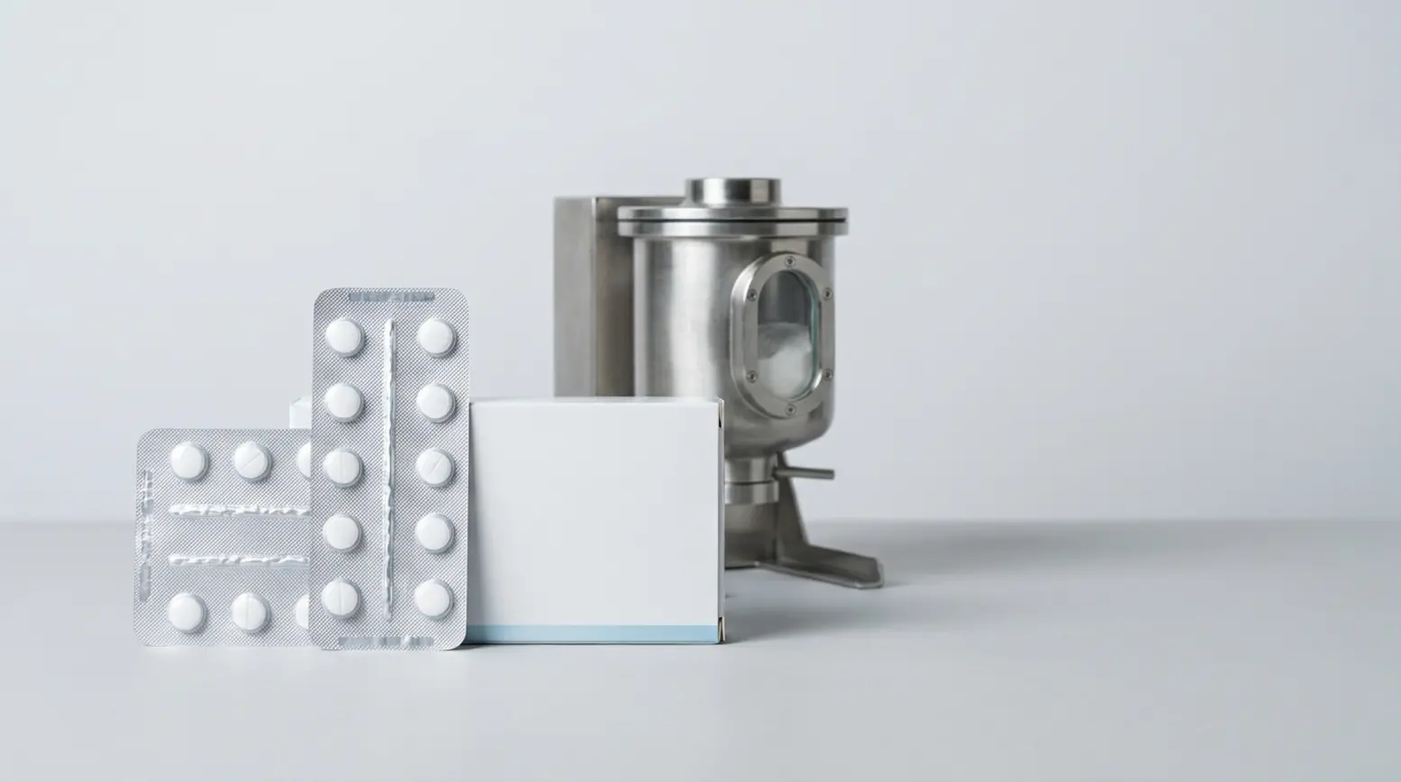 Editorial image showing pharmaceutical co-packing and contract manufacturing stages.