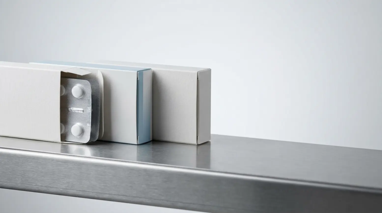 Four unbranded white cartons on a conveyor, one slightly open revealing tablets inside.