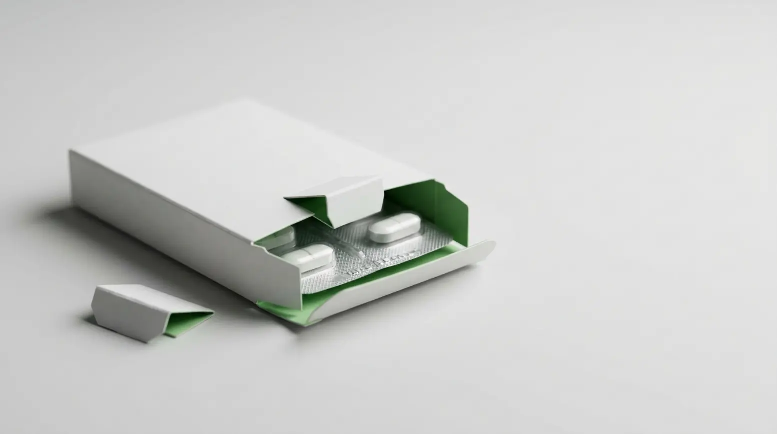 Child-resistant pharmaceutical wallet carton open, showcasing silver blister pack and locking flap.