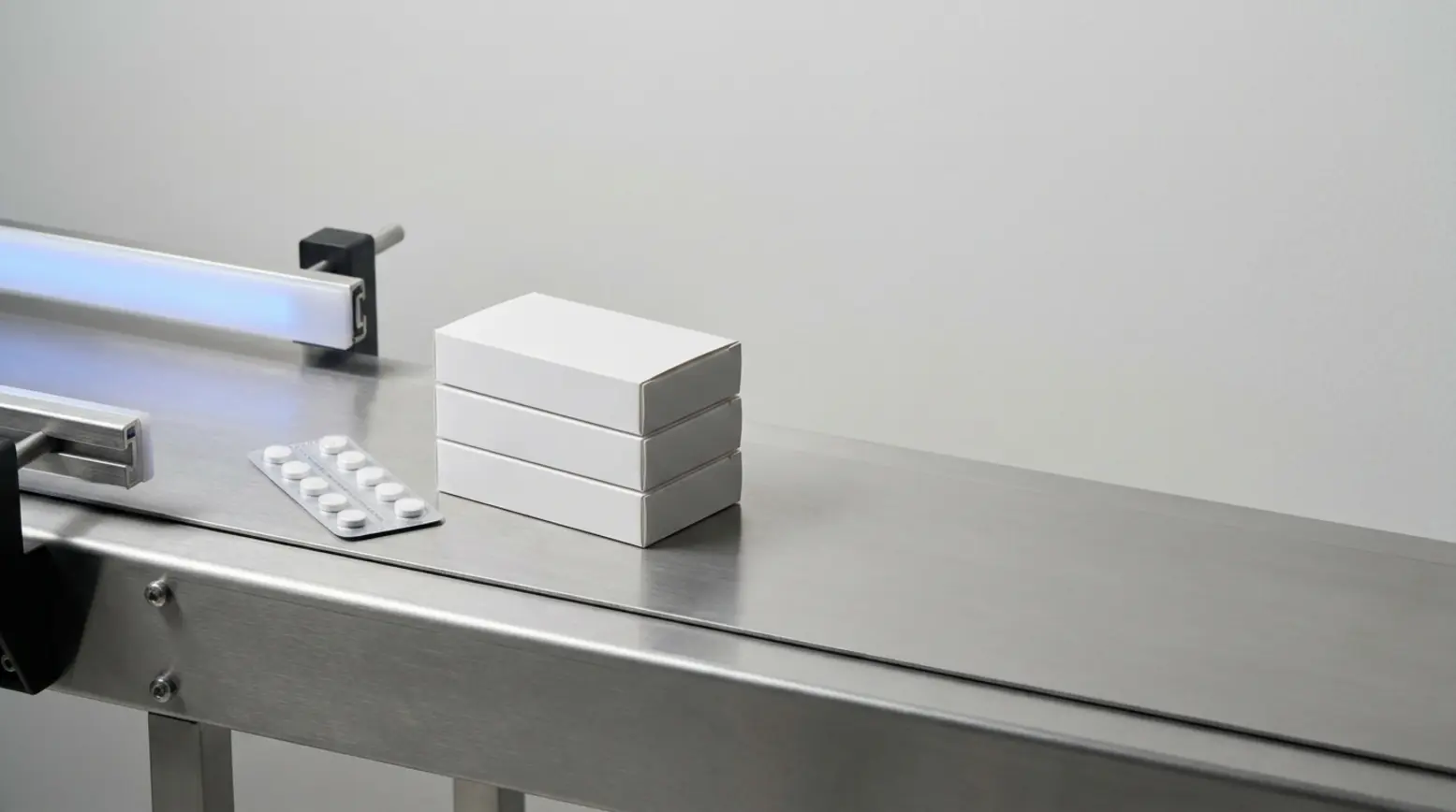 A clean stainless-steel conveyor with white medicine cartons and a silver blister pack.