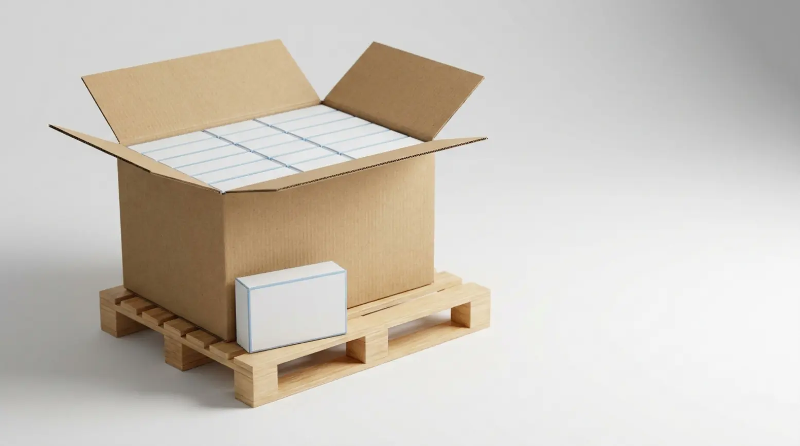 An open kraft pharmaceutical shipping case filled with identical white medicine cartons on wood.