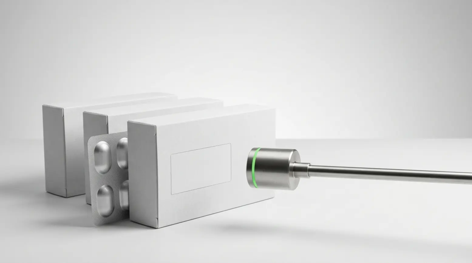A clean, minimal setup for pharmaceutical serialization featuring white cartons, a blister strip, and a camera.