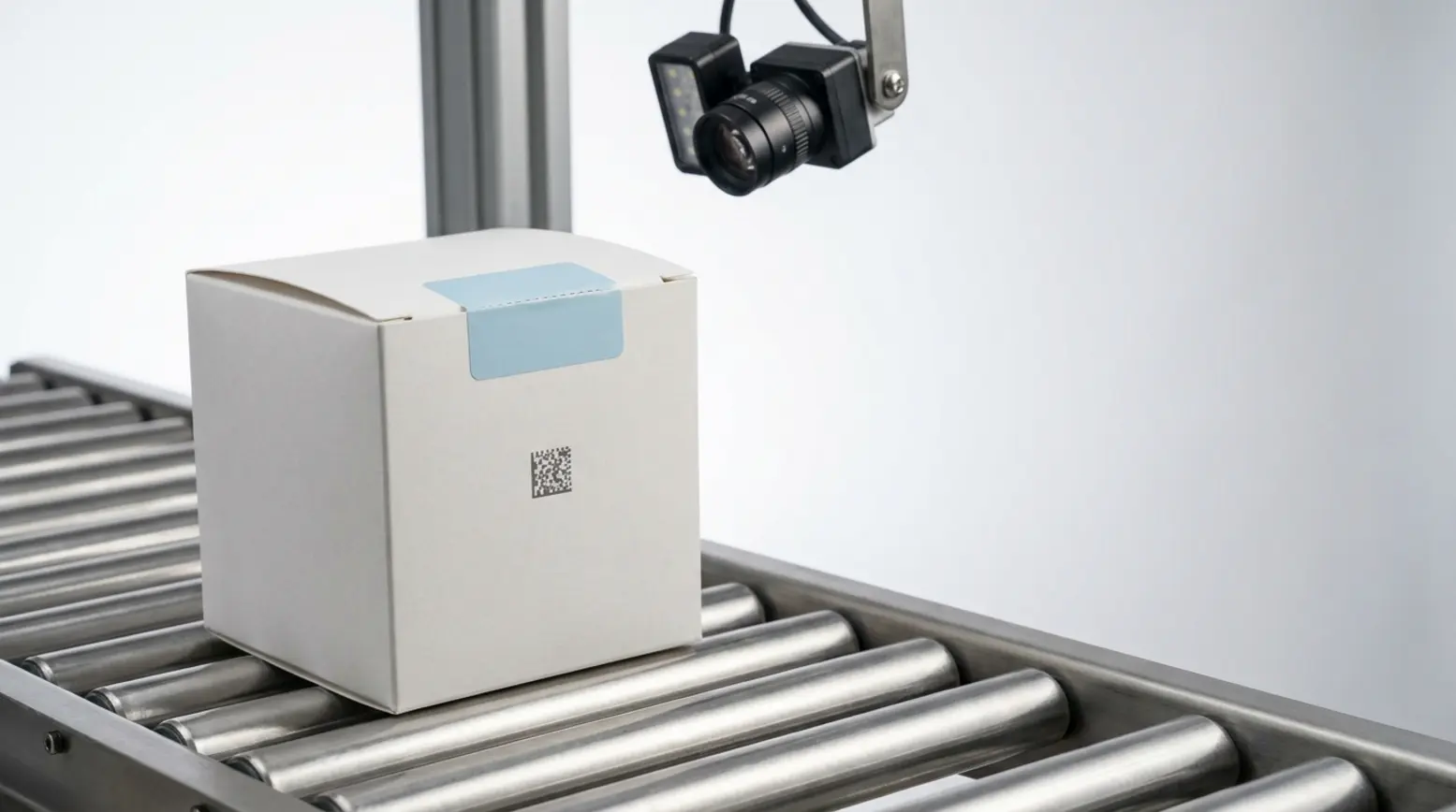 Photorealistic white pharmaceutical carton on a stainless steel conveyor with a blue tamper seal.