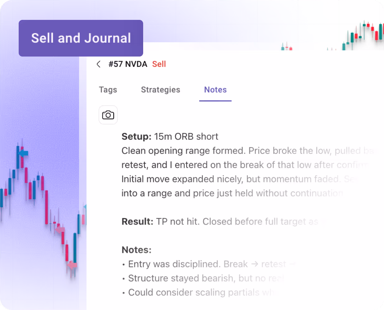 TradeZella automatic trade journaling showing logged backtesting trades with notes and tags
