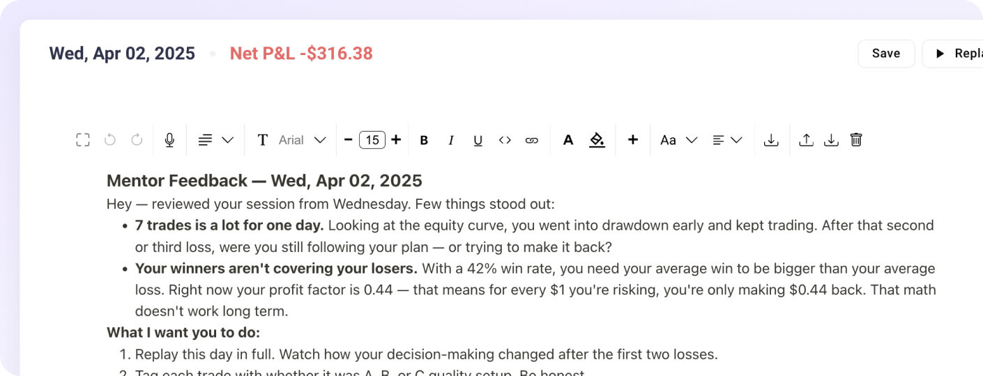 TradeZella trade chart analysis showing P&L breakdown for NVDA trades
