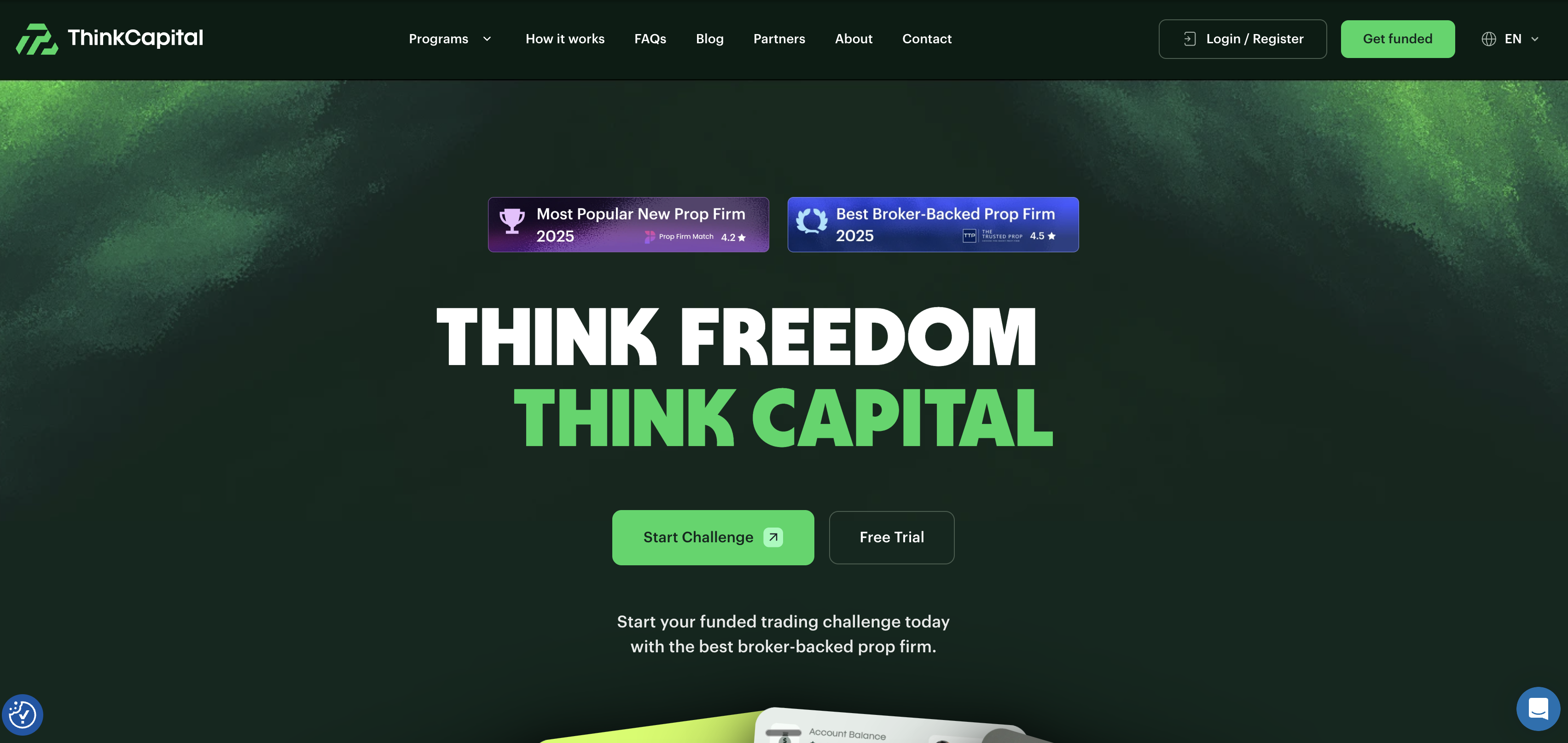 ThinkCapital homepage with broker backed prop firm details showing FCA ASIC CySEC regulated trading through ThinkMarkets infrastructure