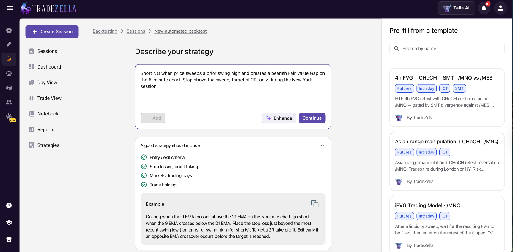 TradeZella Automated Backtesting Interface