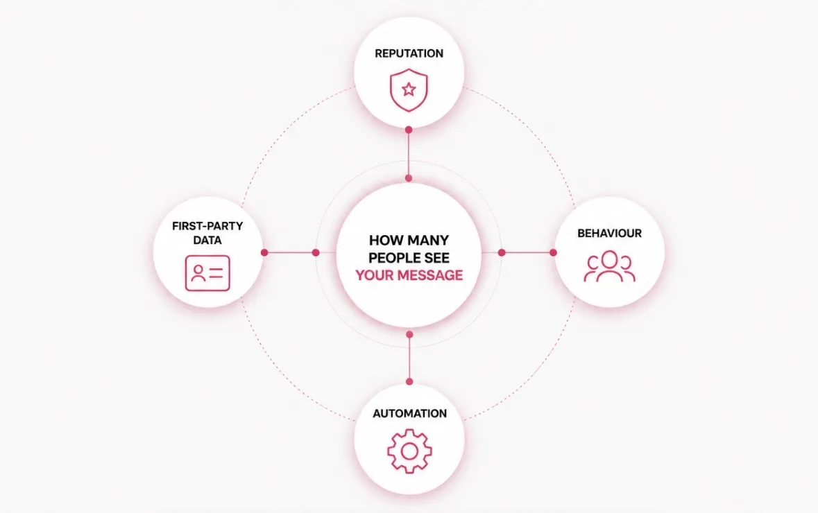 Audience Visibility model showing reputation, first-party data, behaviour and automation around the question: how many people see your message.