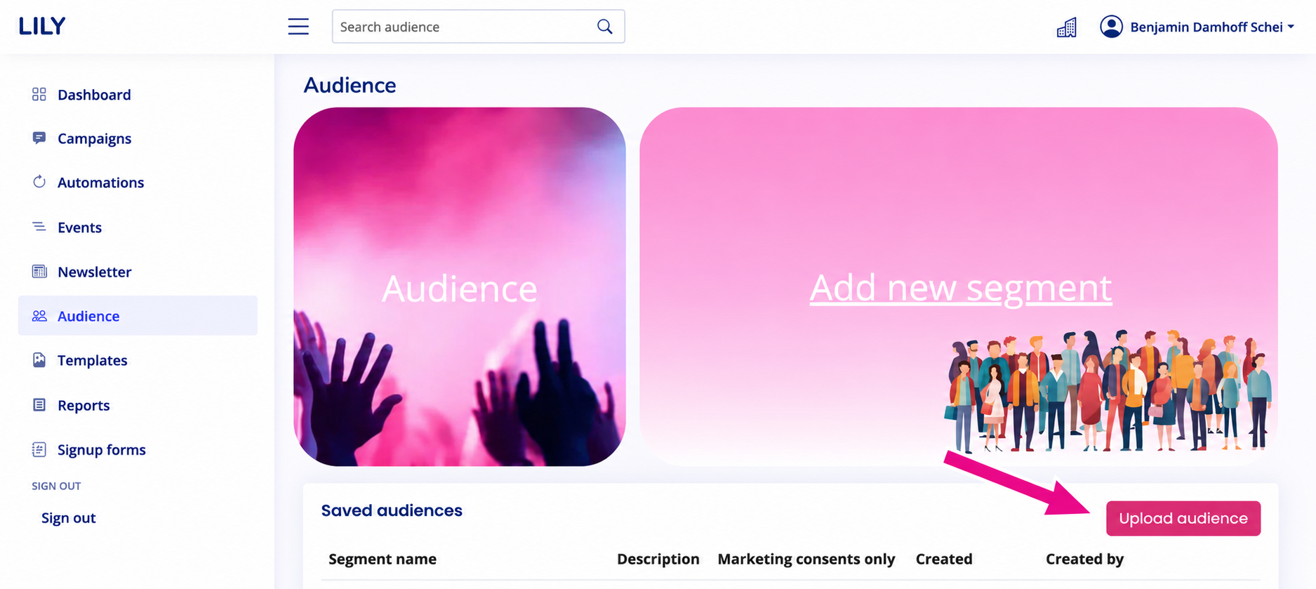 The Audience page in Lily with an arrow pointing to Upload audience.